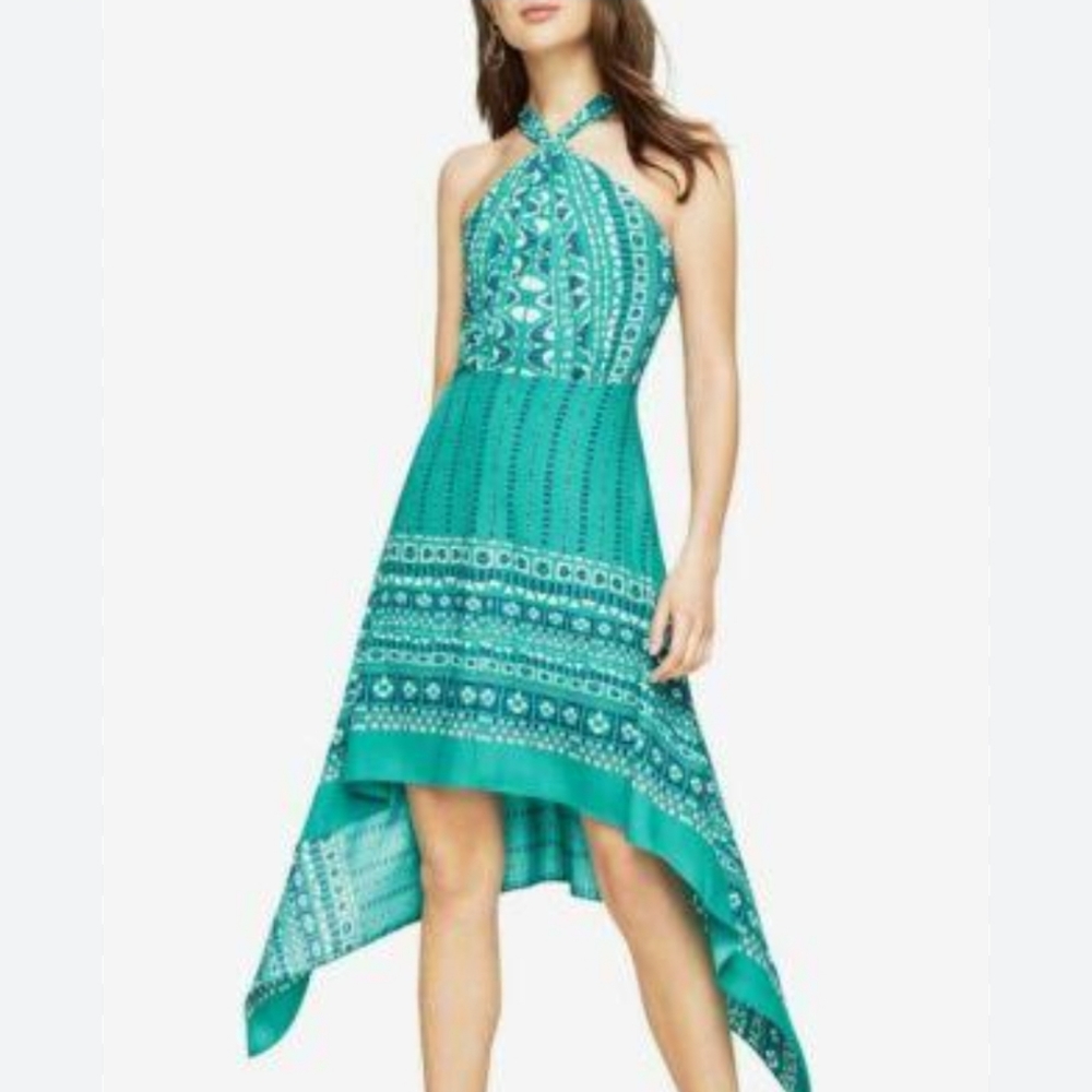 BCBG Maxazria Danela Handkerchief Halter Dress 4 Teal, Blue, Green